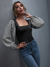 Square Neck Gingham Bishop Sleeve Blouse Sai Feel
